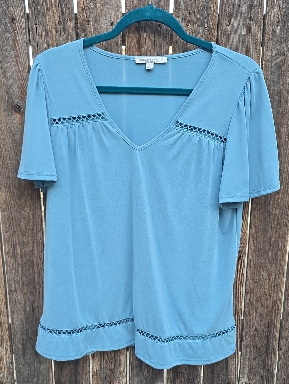 Green Envelope Blue V-Neck Short Sleeve Top with Ladder Trim